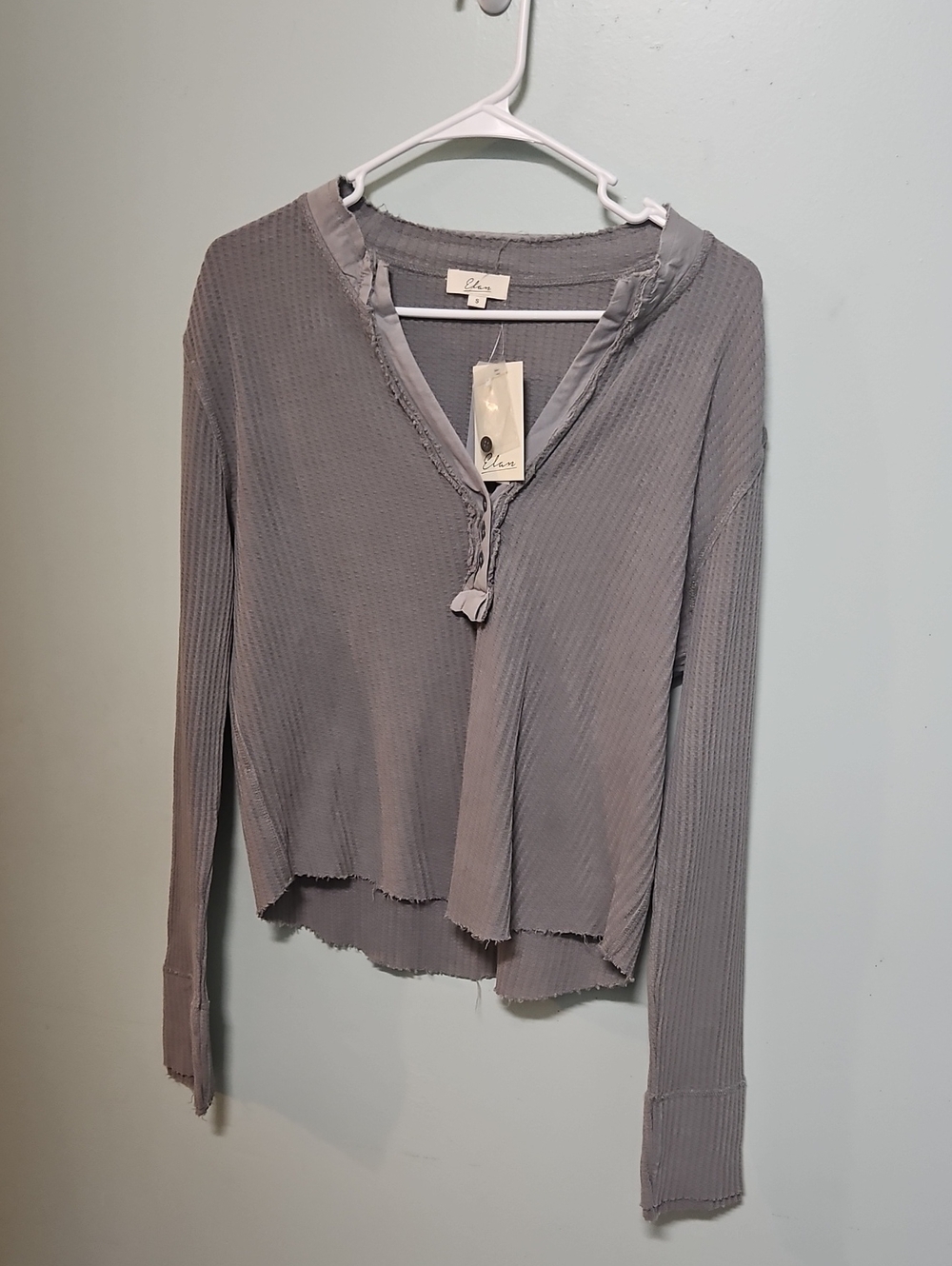 Elan Slate Gray Ribbed V-Neck Long Sleeve Top